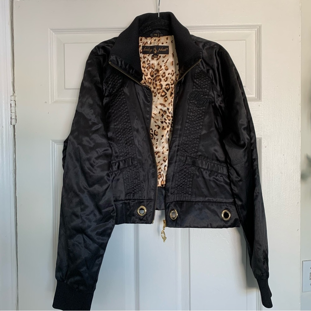 Baby Phat Black Bomber Jacket with Leopard Lining